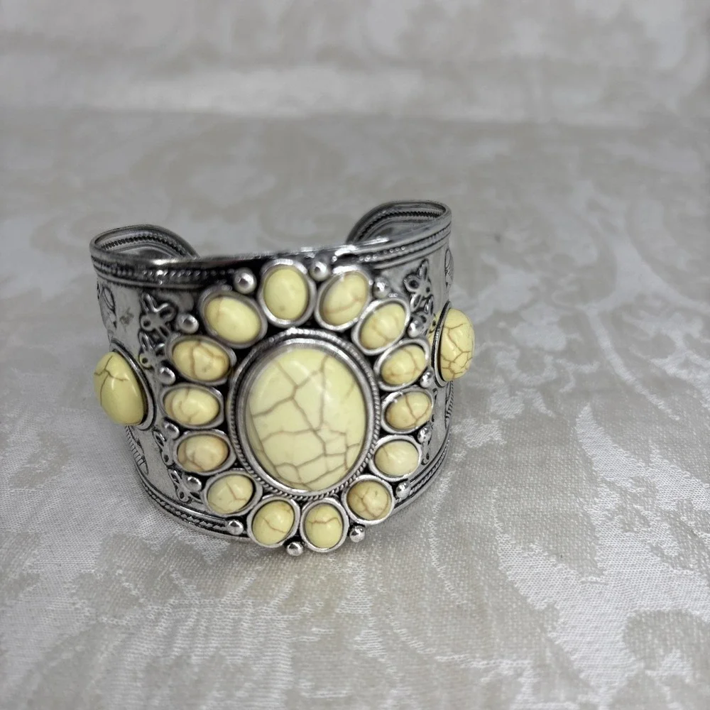 Howlite Flower Cuff Bracelet Western Boho Yellow